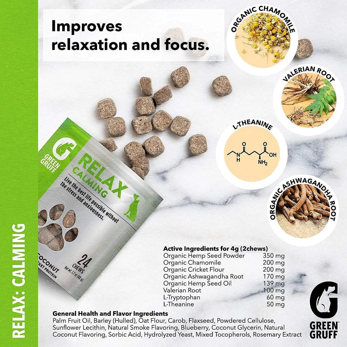 Green Gruff Relax Calming Smoked Coconut Flavor Soft Chew Dog Supplement