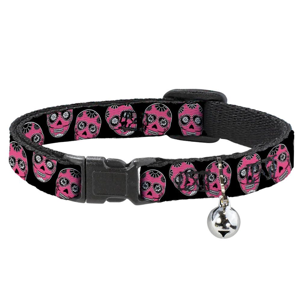 Buckle-Down Sugar Skulls Black White Fuchsia Breakaway Cat Collar